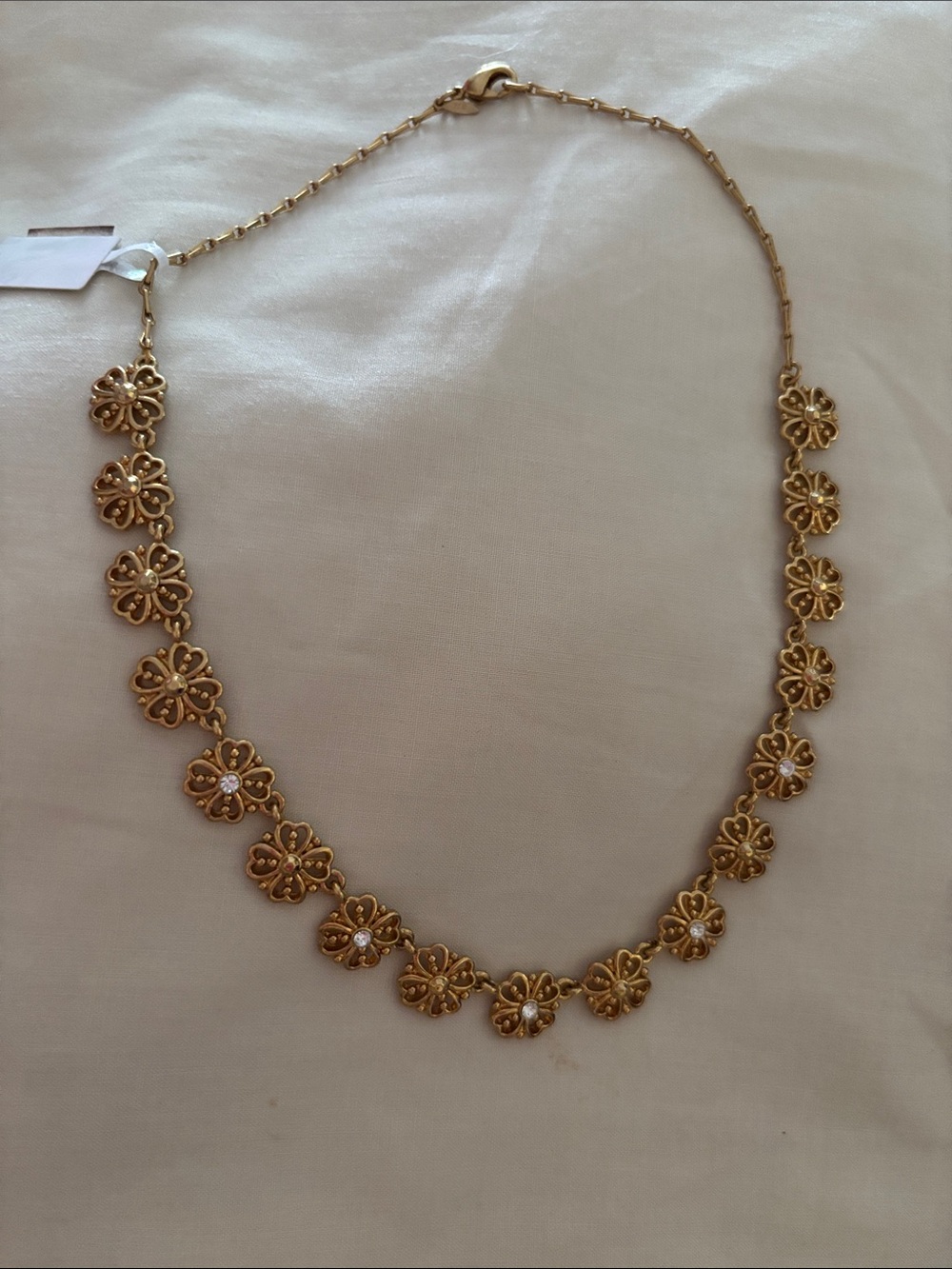 Avon Gold Floral Link Necklace with Clear Stone Centers
